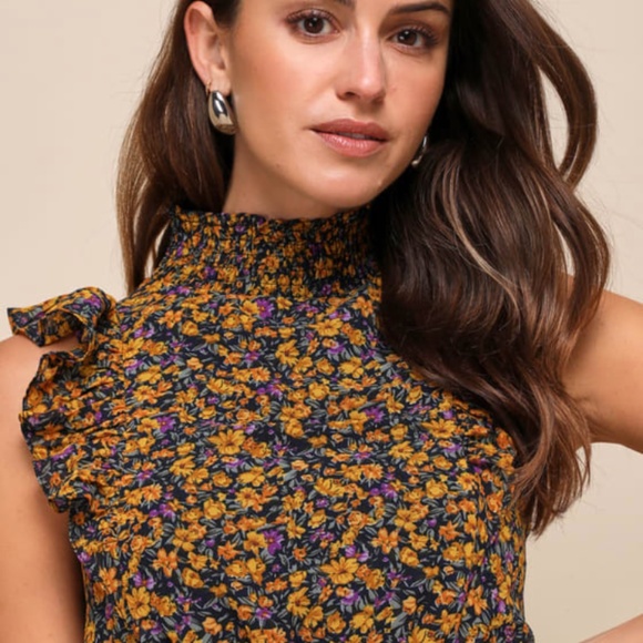 Evalina Mustard Yellow Floral Print Mock Neck Midi Dress - Picture 4 of 7